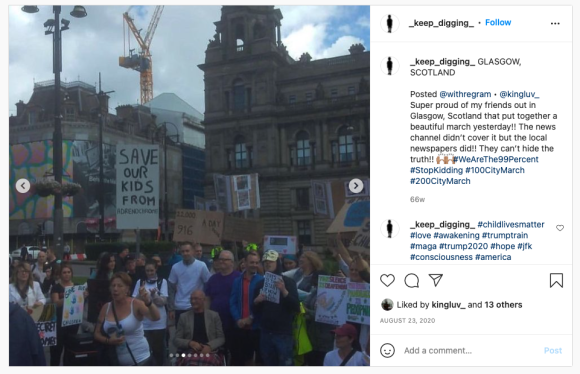 Figure 26. Instagram post showing #SaveTheChildren protestors in Glasgow, Scotland. Archived on Perma.cc, https://perma.cc/K2HY-QMGZ. Credit: TaSC.