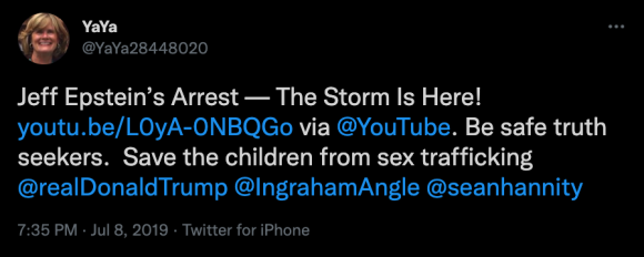 Figure 3. A tweet related to Jeffrey Epstein from 2019, containing the phrase “save the children.” Archived on Perma.cc, https://perma.cc/ZGB2-A39P. Credit: TaSC.