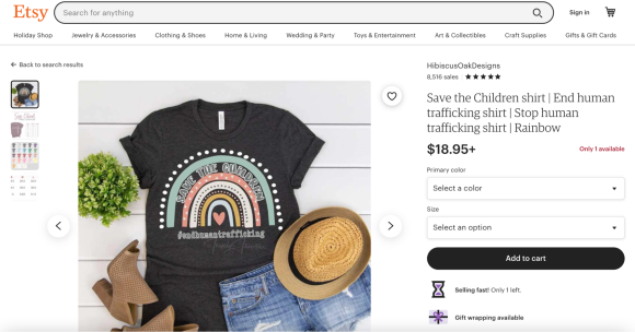 Figure 34. An Etsy listing for a T-shirt featuring the phrase “Save the children,” sold for $18.95. Archived on Perma.cc, https://perma.cc/3E54-A9MN. Credit: TaSC.